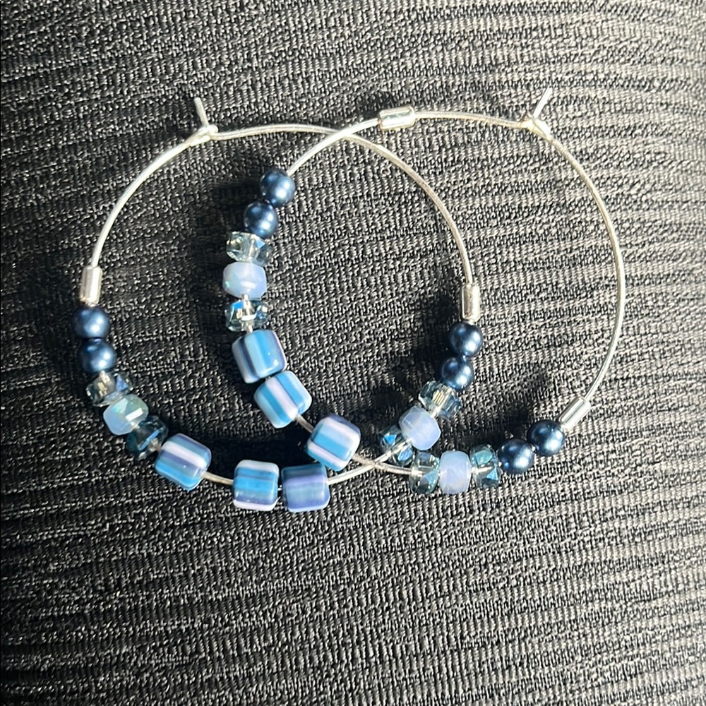 Silver and Blue Beaded Hoop Earrings